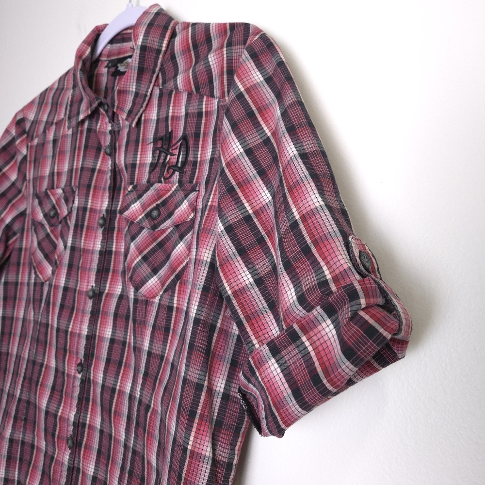 HARLEY DAVIDSON‎ Embroidered Logo Pink Check 3/4 Sleeve Casual Shirt L - Picture 4 of 8